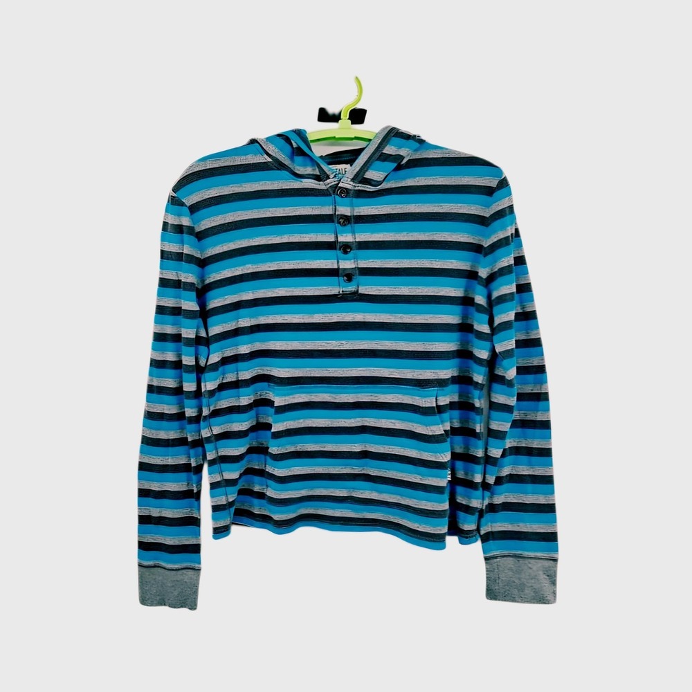 Aéropostale Men's Large Blue & Grey Striped Lightweight Hooded Henley Shirt